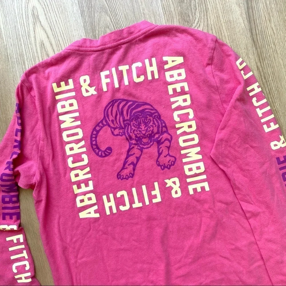 Abercrombie & Fitch Pink Long Sleeve Tiger Graphic Tee | Bright Fall Crewneck - Picture 2 of 6